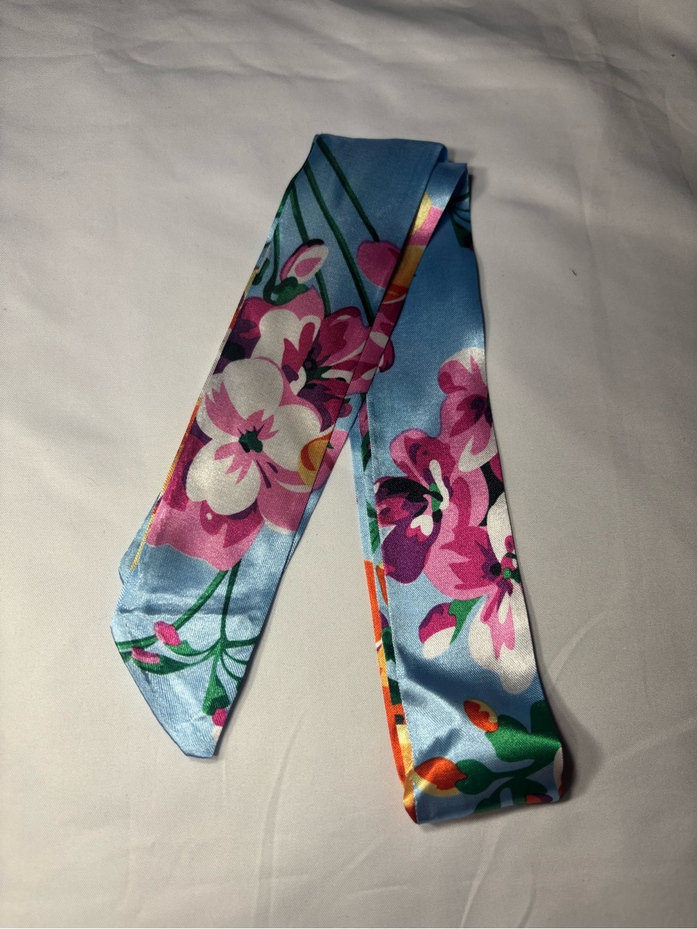 New Twilly Floral Satin Skinny Scarf - Blue and Pink
